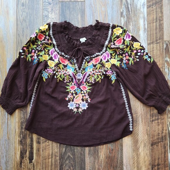 Sundance Amora Blooms Bird Floral Embroidered Boho Top Tassel Cotton Brown Sz.S - Picture 8 of 10